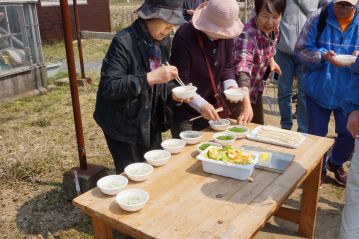 入っているのはセリ，ナズナ，おぎょう（ハハコグサ）スズシロ（ダイコン）。刻んだアサツキを乗せます。