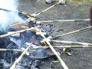 メダケの先にお餅を挟んで、焼いてもらいました。とんどの火で焼いたお餅を食べると、一年健康で過ごせるそうです。どのあたりがうまく焼けるでしょうか？