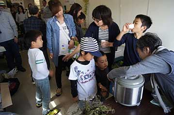 はしゃいでのどが渇いた子供たちにも好評だった、カワラケツメイのお茶の試飲サービス。