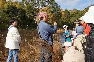 ヤマラッキョウの花の仕組みについて解説中。自家受粉を避けるための工夫が隠れています。