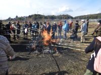 14日：植物園を楽しむ会70「火打石でとんど焼きを楽しむ」メダケの先に餅を挟んで焼く参加者