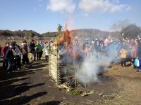 13日：植物園を楽しむ会94「寒中をとんど焼きで楽しむ」（燃え上がるとんどのやぐらの様子）