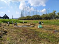 雨上がりで、水たまりが残るなかでの作業