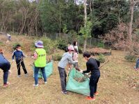 たき火の燃料となる枯れ枝などを園内で拾い集める子供たち