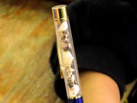 絶滅危惧種のハマビシのトゲトゲの果実と小さな貝殻で、ハマビシの生育する砂浜のイメージのボールペンの出来上がり！